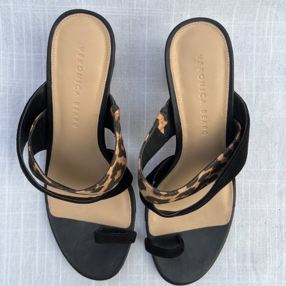 Veronica Beard Leopard print Slip On Toe Ring Slide Suede Sandal Tan & Black 9M - Picture 2 of 8